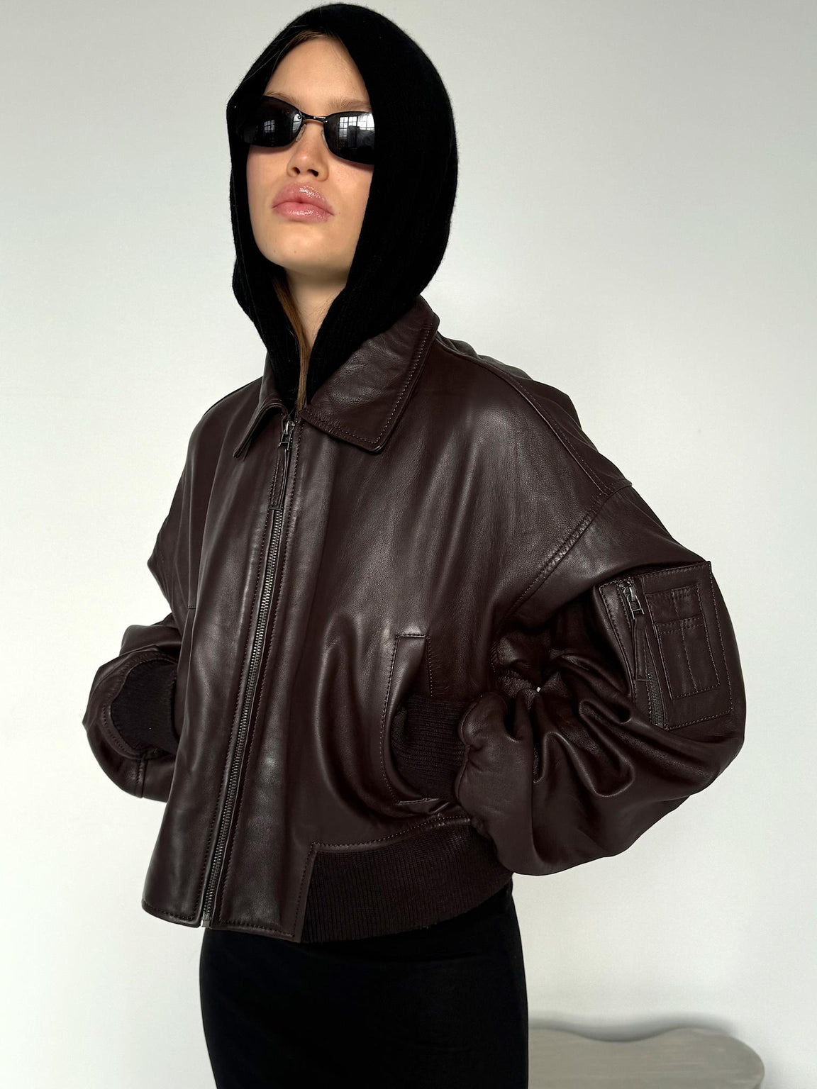 BONNIE LEATHER BOMBER - BROWN