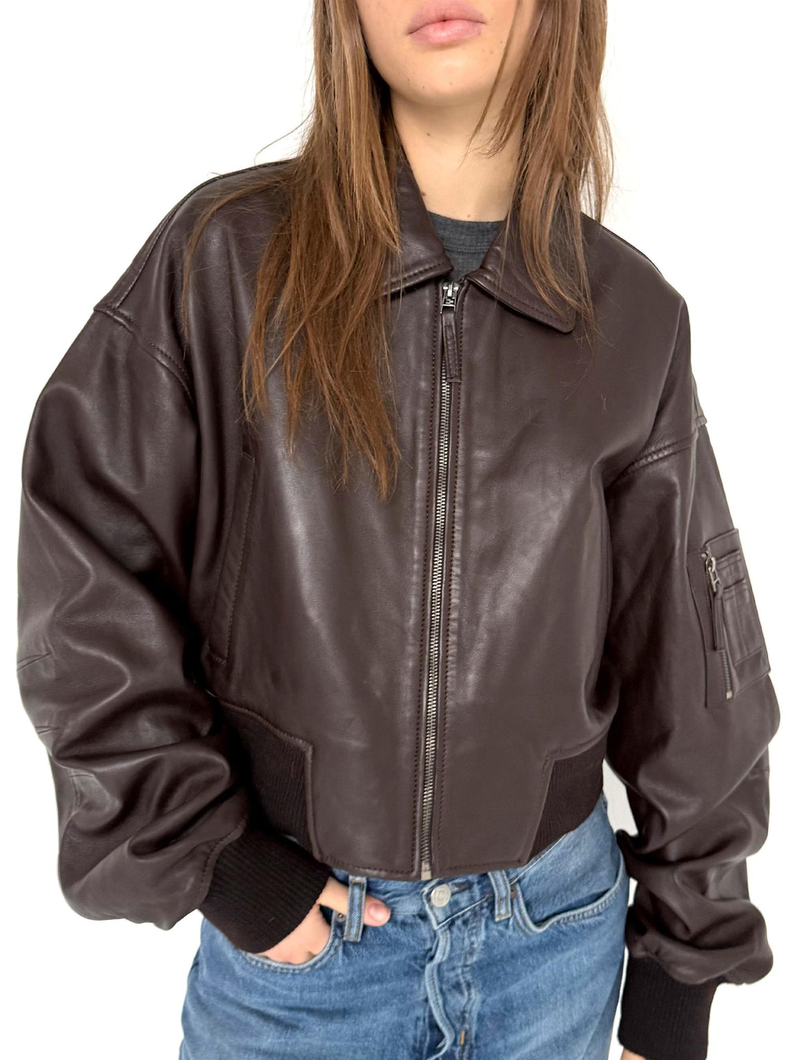 BONNIE LEATHER BOMBER - BROWN