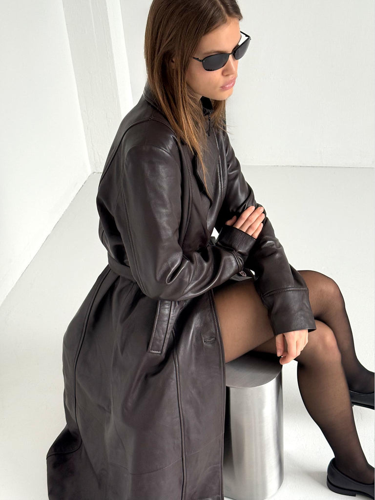 DREW LEATHER COAT - BROWN