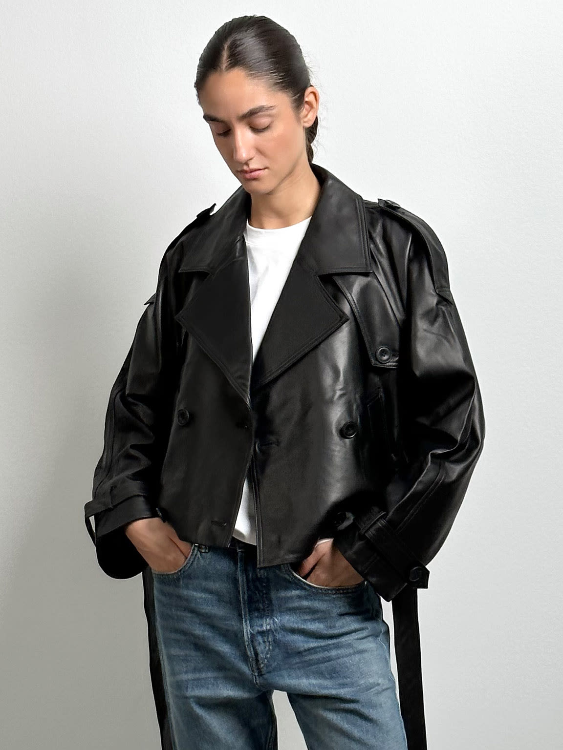 BOBBY LEATHER TRENCH JACKET - BLACK