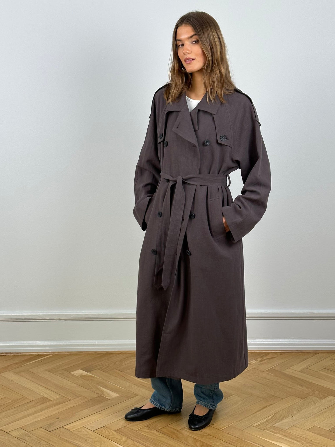 KIRA LINEN COAT GREY BROWN