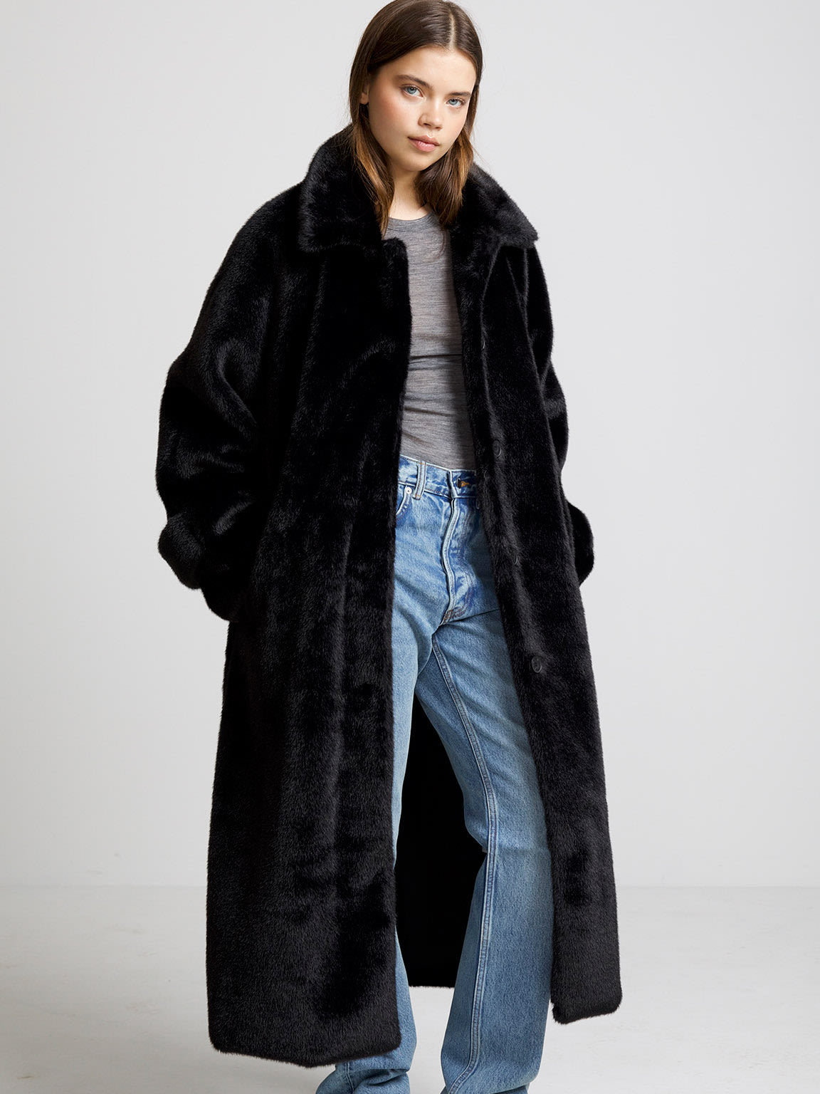 Long black shearling coat best sale